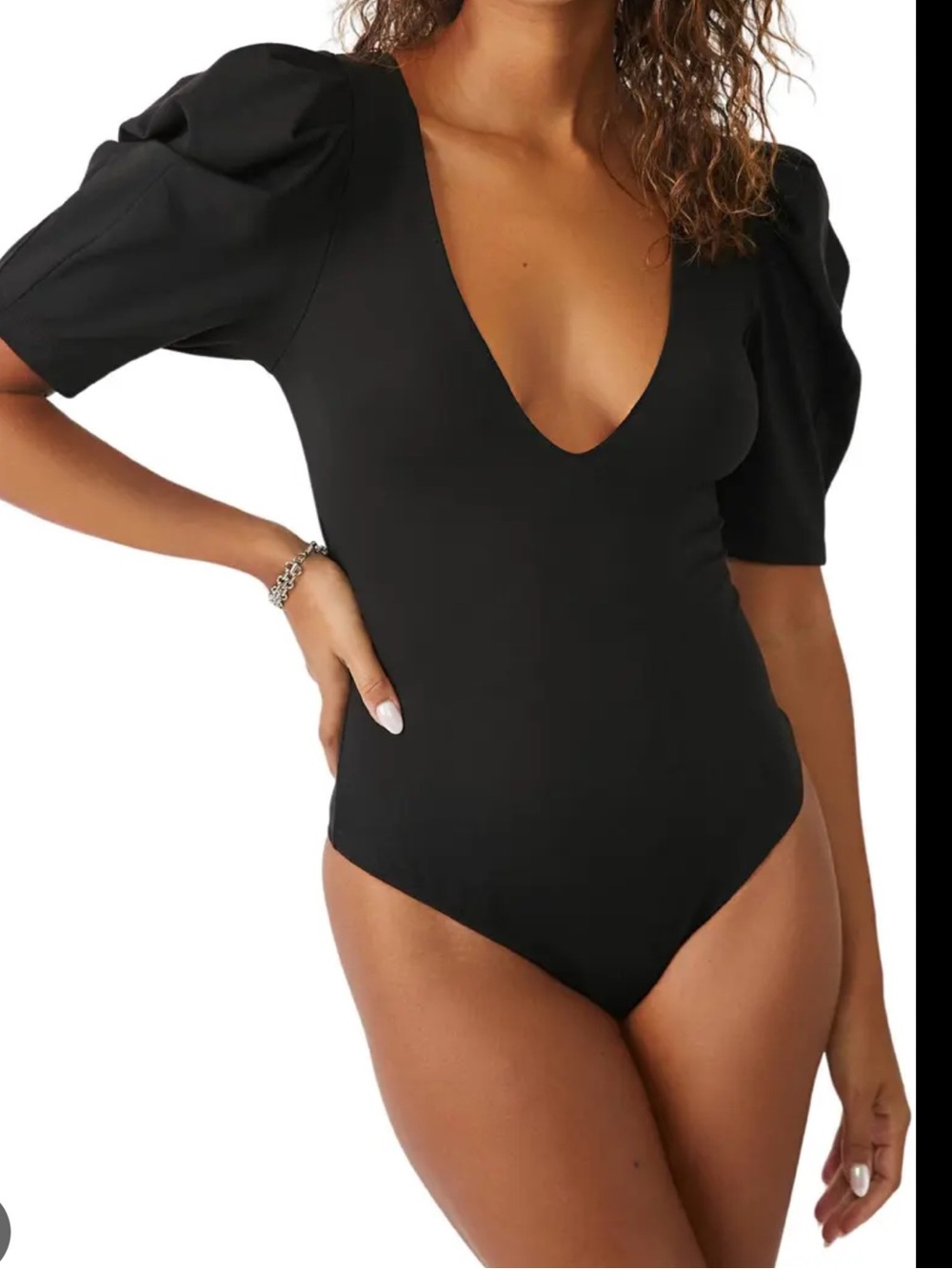 Free people va va voom Black Puff-Sleeve deep V-Neck Bodysuit